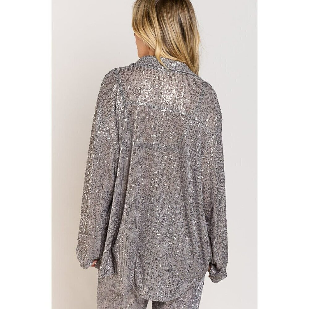 Life's a Party Sequin Button-Up Shirt in Grey - Picture 7 of 12